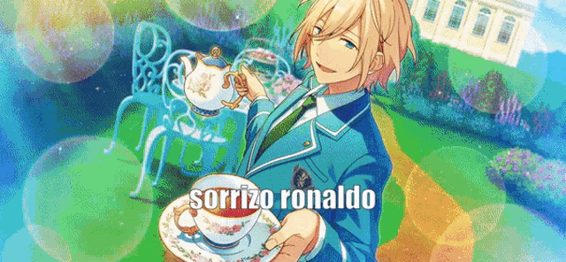 a boy is holding a cup of tea and a teapot .