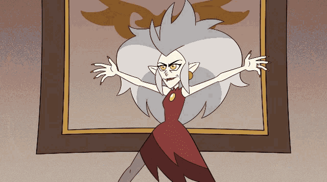 a cartoon drawing of a woman in a red dress with her arms outstretched
