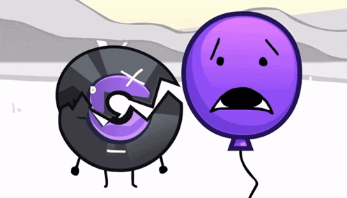a purple balloon with a sad face is standing next to a dead record