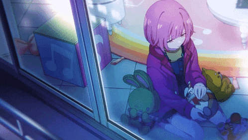 a girl with pink hair is sitting in front of a window with stuffed animals