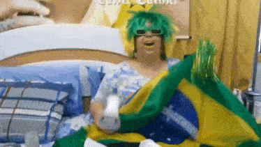 a woman in a green wig and sunglasses is holding a brazilian flag