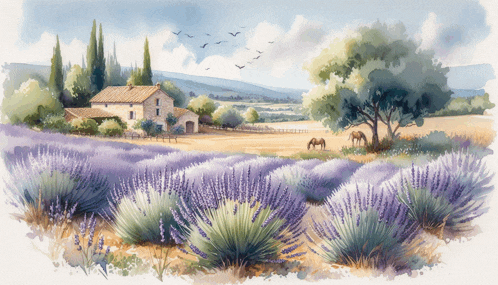 a painting of a horse in a field of lavender