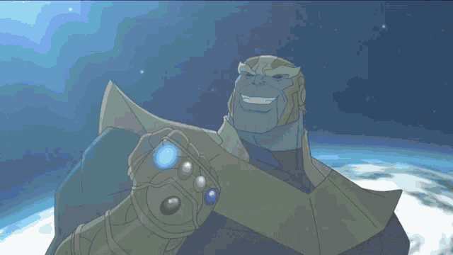 a cartoon of thanos holding the infinity gauntlet in his hand