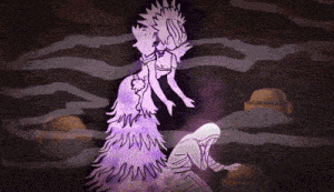 a purple and white drawing of a woman with a long purple dress