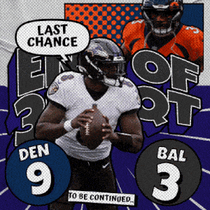 a ravens football player is holding a football in front of a banner that says last chance