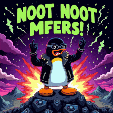 a cartoon of a penguin with the words noot noot mfers written above him