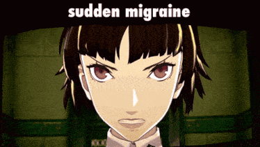 a picture of a girl with the words " sudden migraine " below her