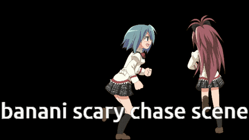 two anime girls are running in front of a black background that says bananani scary chase scene