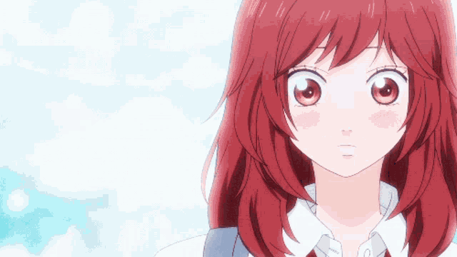 a close up of a girl with red hair and big eyes