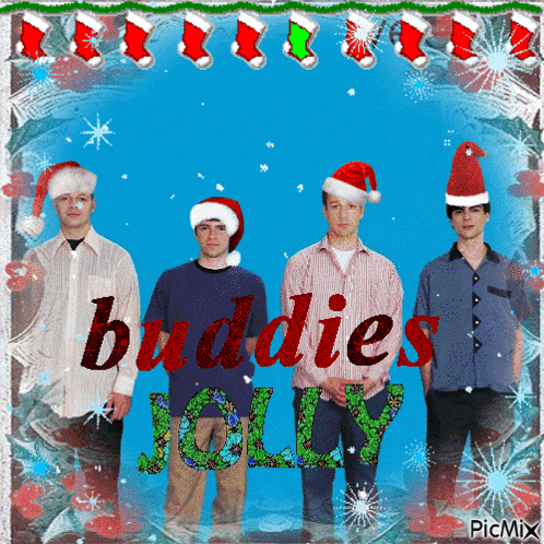 a group of men wearing santa hats with the words buddies jolly