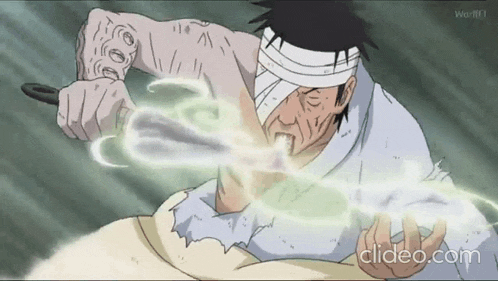 a man with a bandage on his face is holding a sword in his mouth .