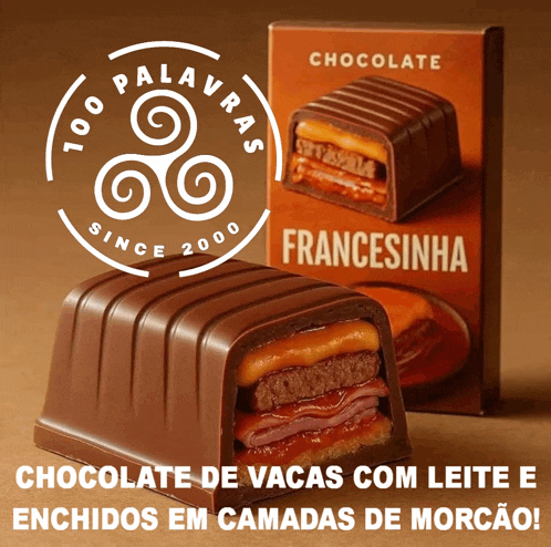 a box of chocolate francesinha sits next to a piece of chocolate on a table