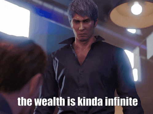 a man in a black shirt with the words the wealth is kinda infinite on the bottom