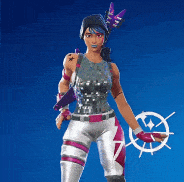 a woman in a video game holding a shield and a gun