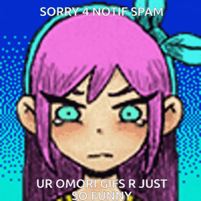 a cartoon of a girl with pink hair and green eyes says sorry 4 notif spam