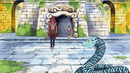 a zebra print snake is standing in front of a stone building