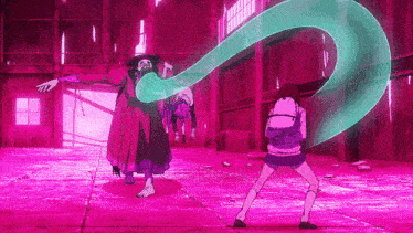 a girl in a school uniform is standing in front of a monster with a long green tongue .