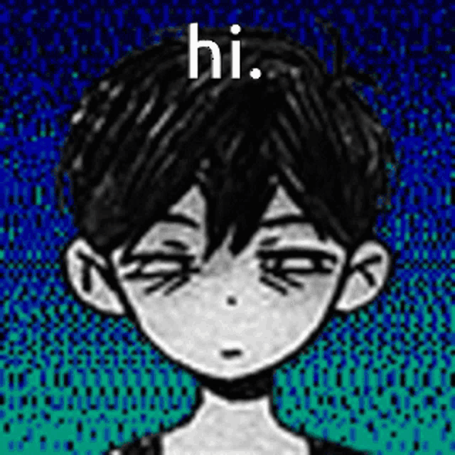 a black and white drawing of a boy with a blue background and the words `` hi '' written above him .