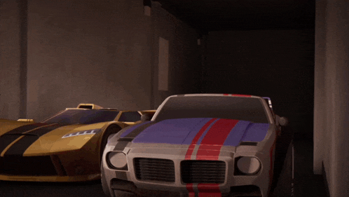 a transformer with a purple and red stripe on the side of it