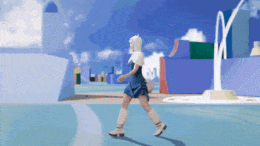 a woman in a blue dress and white boots is walking on a blue carpet