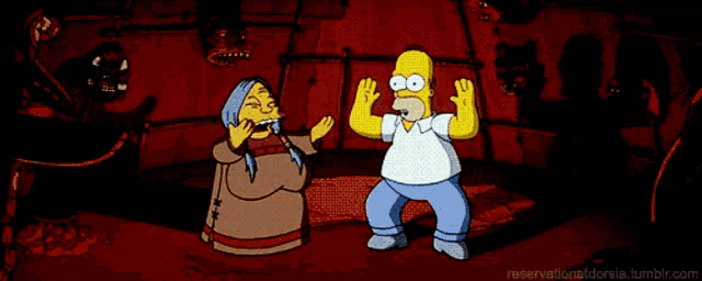 a cartoon of homer simpson standing next to a native american