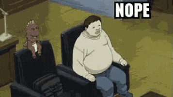 a cartoon of a man sitting in a chair with the word nope in the corner .