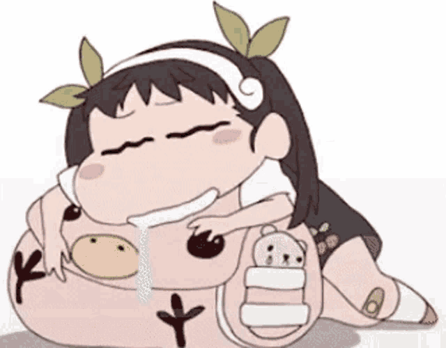 a cartoon girl is laying on the ground holding a pink backpack with a teddy bear on it .