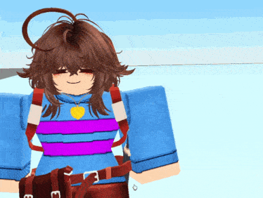 a girl with brown hair is wearing a blue shirt with purple stripes and a heart necklace