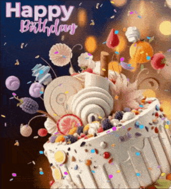 a happy birthday greeting card with a cake and candy .