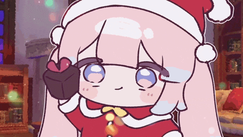 a drawing of a girl wearing a santa hat and holding a gift box