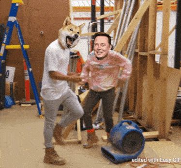 a man with a dog on his head is standing next to a man with elon musk 's face on his chest