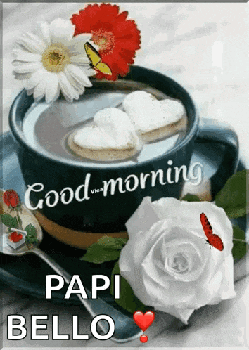 a cup of coffee with hearts in it and a white rose with the words " good morning papi bello " on it