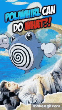 a man is laying on a bed with a cartoon frog that says " poliwhirl can do what "