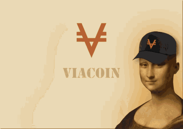 a painting of a woman wearing a baseball cap with the word viacoin on the bottom right