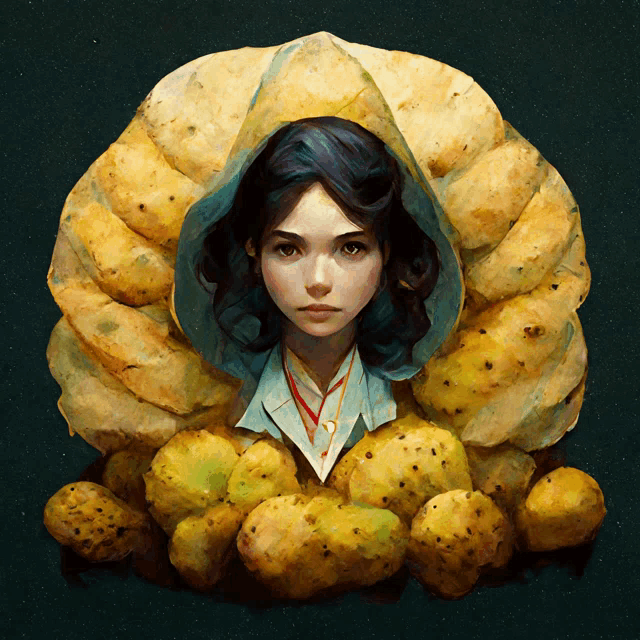 a painting of a girl surrounded by potatoes