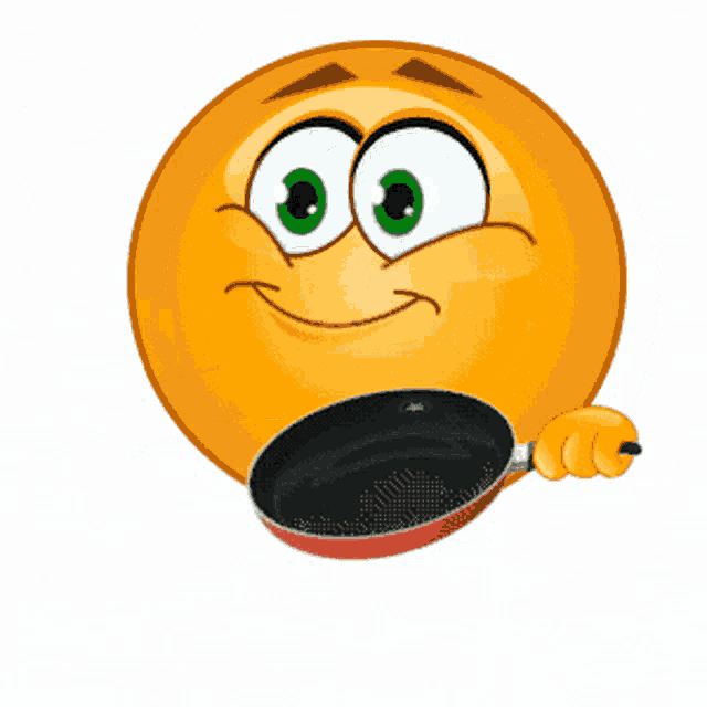 a cartoon smiley face is holding a frying pan and pointing at it