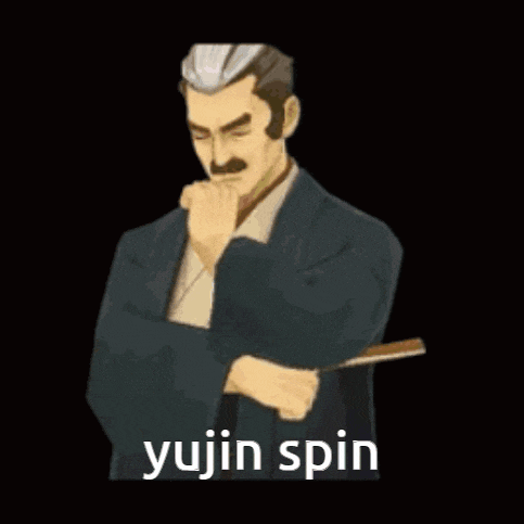 a cartoon of a man laying on his back with the words yujin spin written below him .