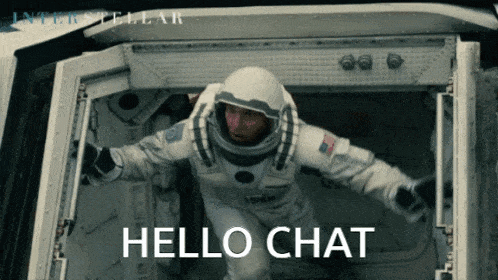 a man in a space suit says hello chat in front of an interstellar poster