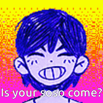 a pixel art of a boy with blue hair and the words `` is your so so come '' .