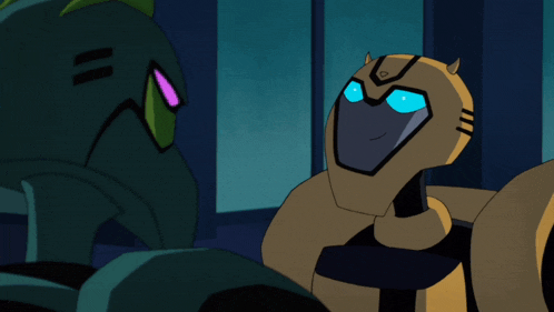 a cartoon drawing of a robot with blue eyes and horns