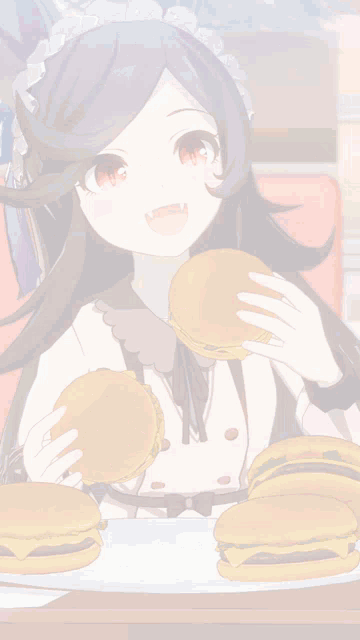 a girl is eating a hamburger in front of a bunch of hamburgers