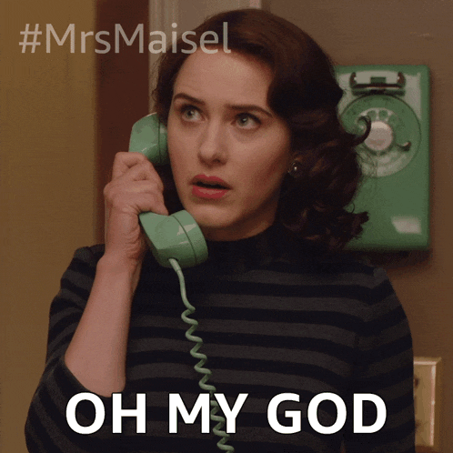 a woman talking on a green telephone with the words oh my god above her