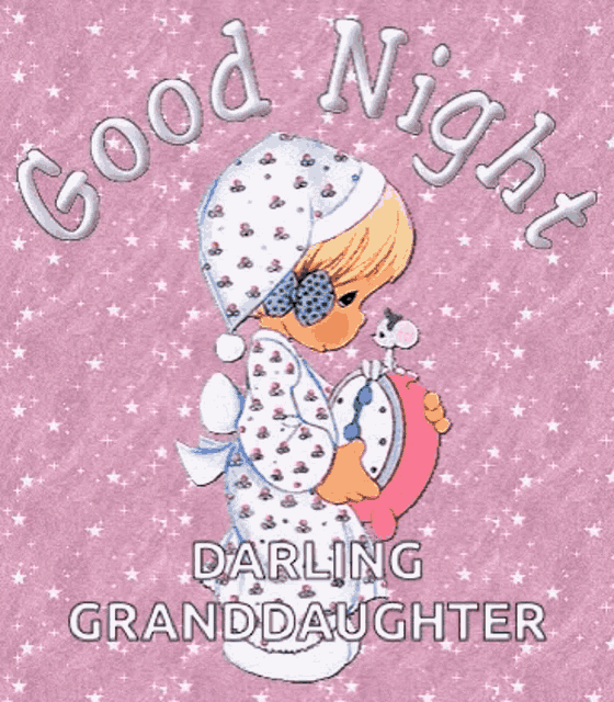 a girl in pajamas is holding a clock on a pink background and says `` good night darling granddaughter '' .