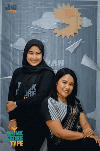 two women posing for a picture with the words think before type in the corner