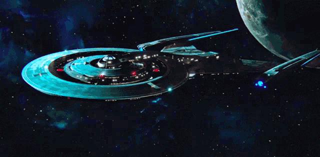 a space ship with a blue light coming out of the side