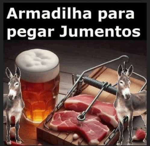 a donkey standing next to a mousetrap with a glass of beer