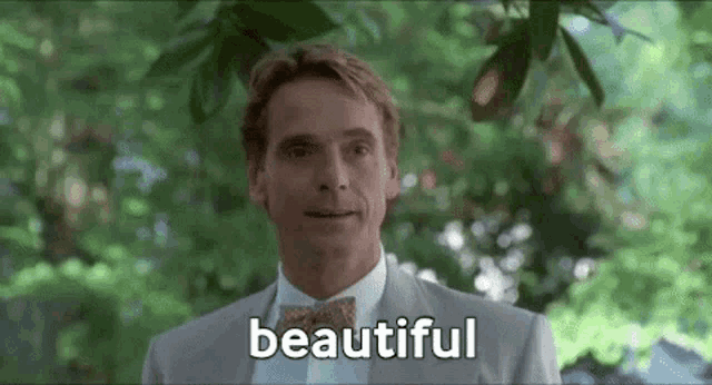 a man in a suit and bow tie is standing in front of trees and the word beautiful is written on the screen .